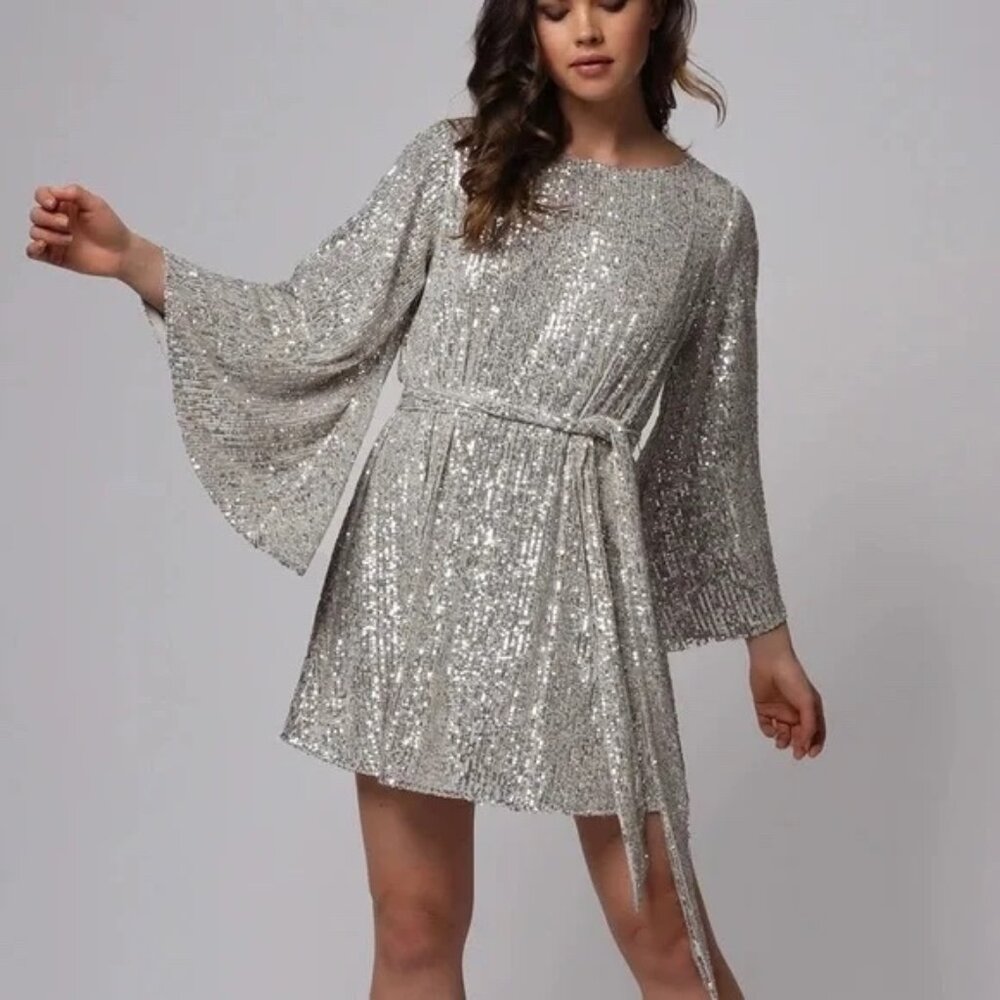 Jay‎ Godfrey Sequin Mesh Bateau-Neck Flare-Sleeve Belted Mini Dress Sz 6